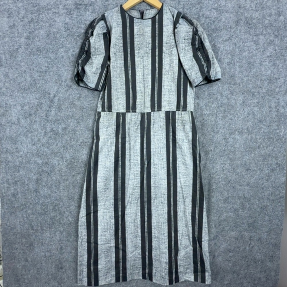 Vintage Striped Midi Day House Dress Women Size M Grey Black Button Puff Sleeve